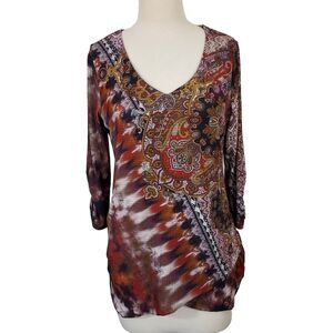 One World Asymmetric Tunic Top Women Size Large Boho Fairy Artsy Festival Shirt